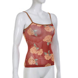 Floral Printed Mesh Small Suspender Bra Vest Top - Nioor