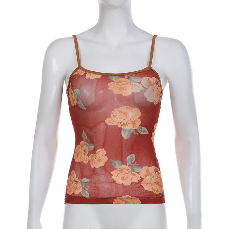 Floral Printed Mesh Small Suspender Bra Vest Top - Nioor