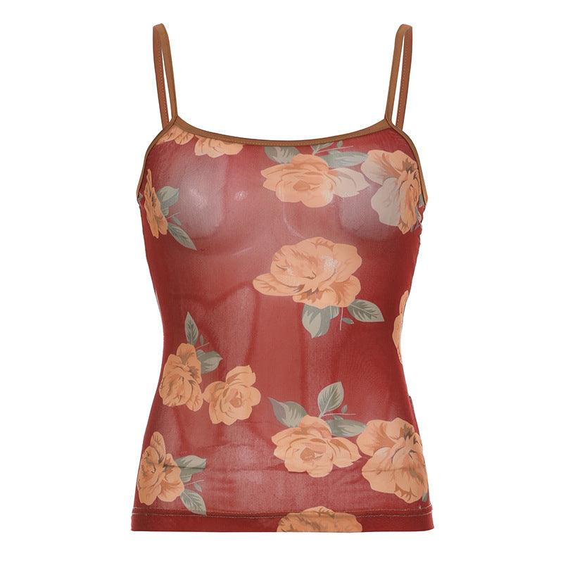 Floral Printed Mesh Small Suspender Bra Vest Top - Nioor