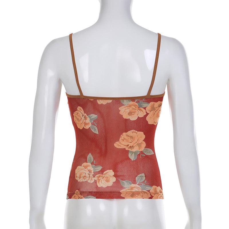 Floral Printed Mesh Small Suspender Bra Vest Top - Nioor