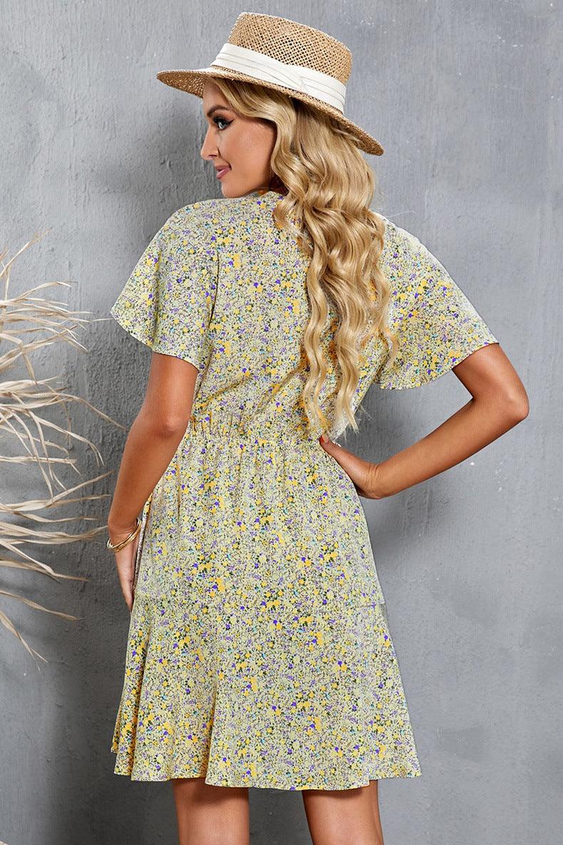 Floral Printed V-neck Lace-up Elegant Dress - Nioor