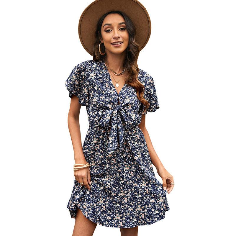 Floral Printed V-neck Lace-up Elegant Dress - Nioor