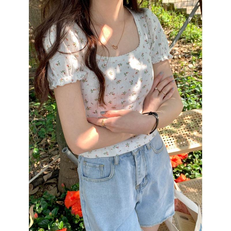 Floral Puff Sleeve Short Sleeve T-shirt - Nioor