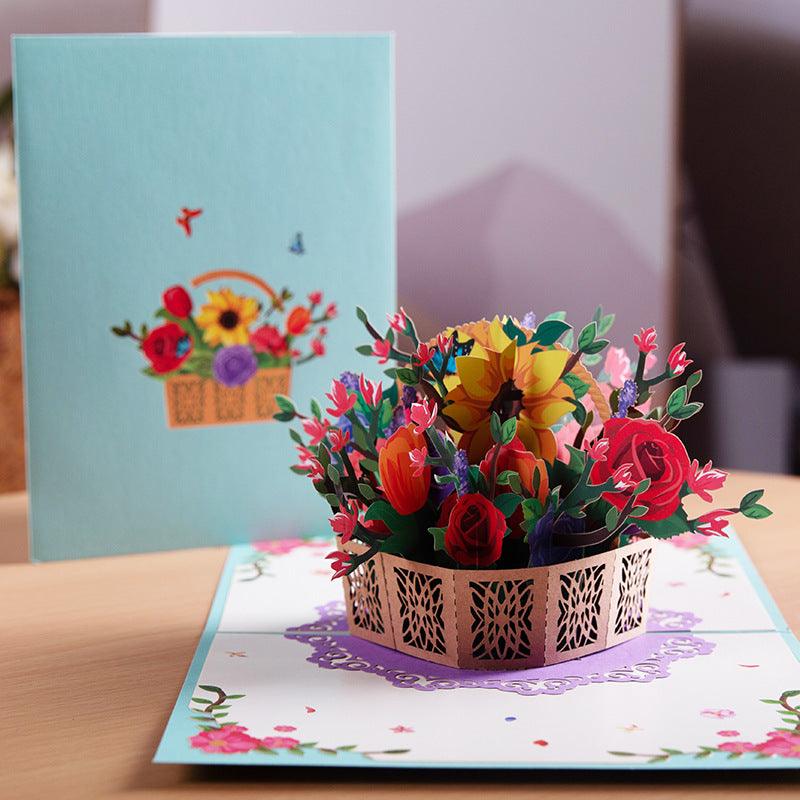 Flower Basket 3D Three-dimensional Greeting Card Handmade Paper Carved Holiday Thanks Blessing Card - Nioor