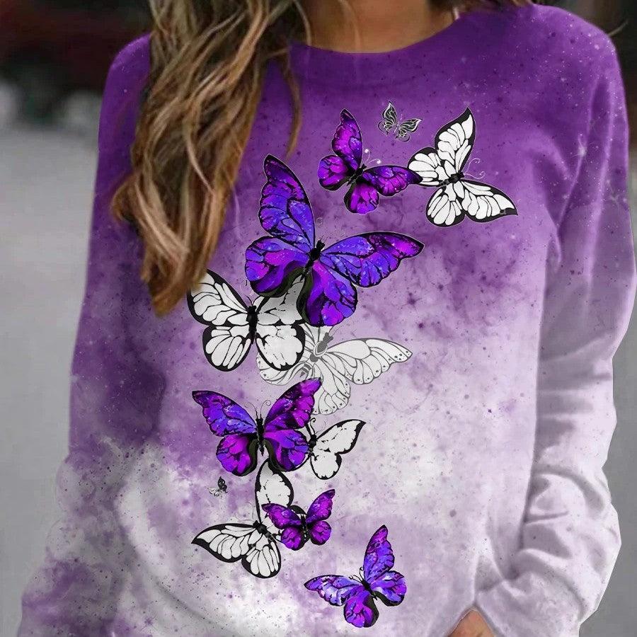 Flower Butterfly Round Neck Sweatshirt Female - Nioor