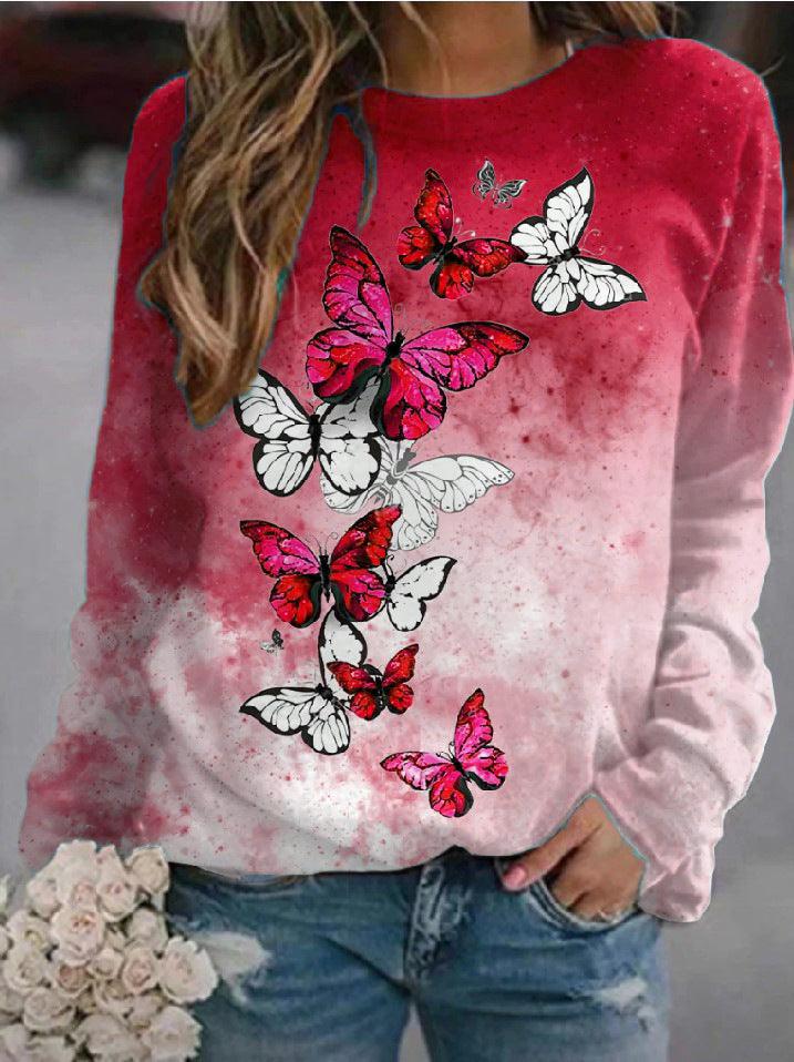 Flower Butterfly Round Neck Sweatshirt Female - Nioor