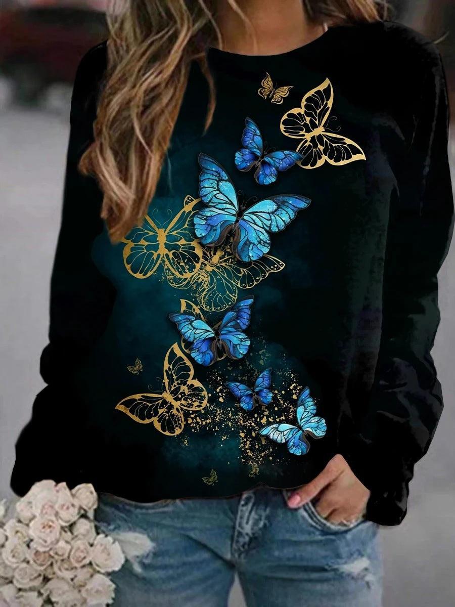 Flower Butterfly Round Neck Sweatshirt Female - Nioor