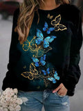 Flower Butterfly Round Neck Sweatshirt Female - Nioor