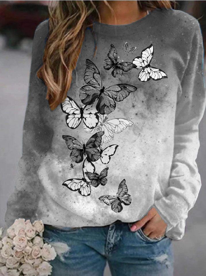 Flower Butterfly Round Neck Sweatshirt Female - Nioor