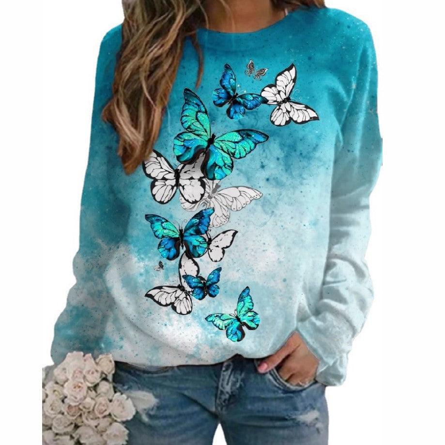 Flower Butterfly Round Neck Sweatshirt Female - Nioor