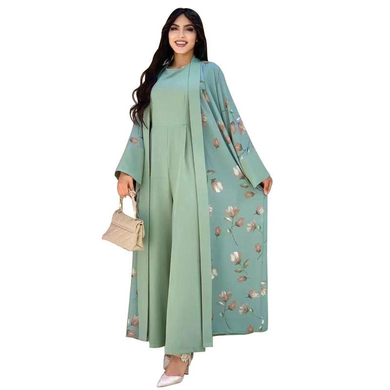 Flower Long Coat Fashion Two Piece Set - Nioor