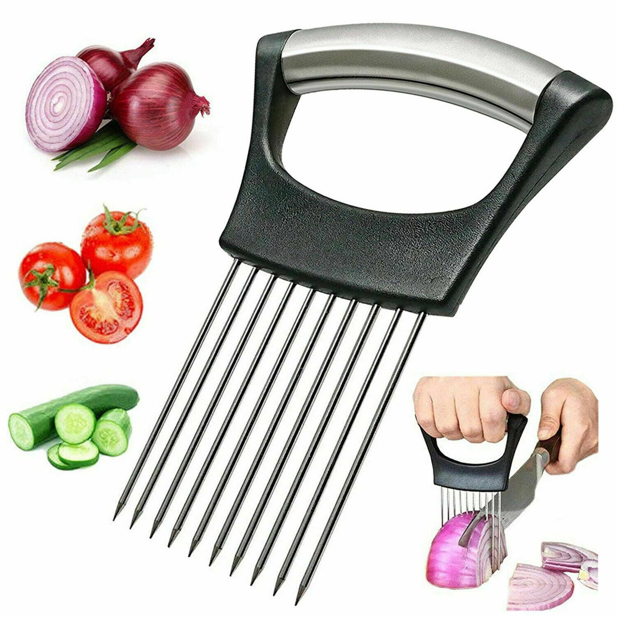 Food Slice Assistant - Stainless Steel Onion Holder Slicer Tomato Cutter NonSlip - Nioor