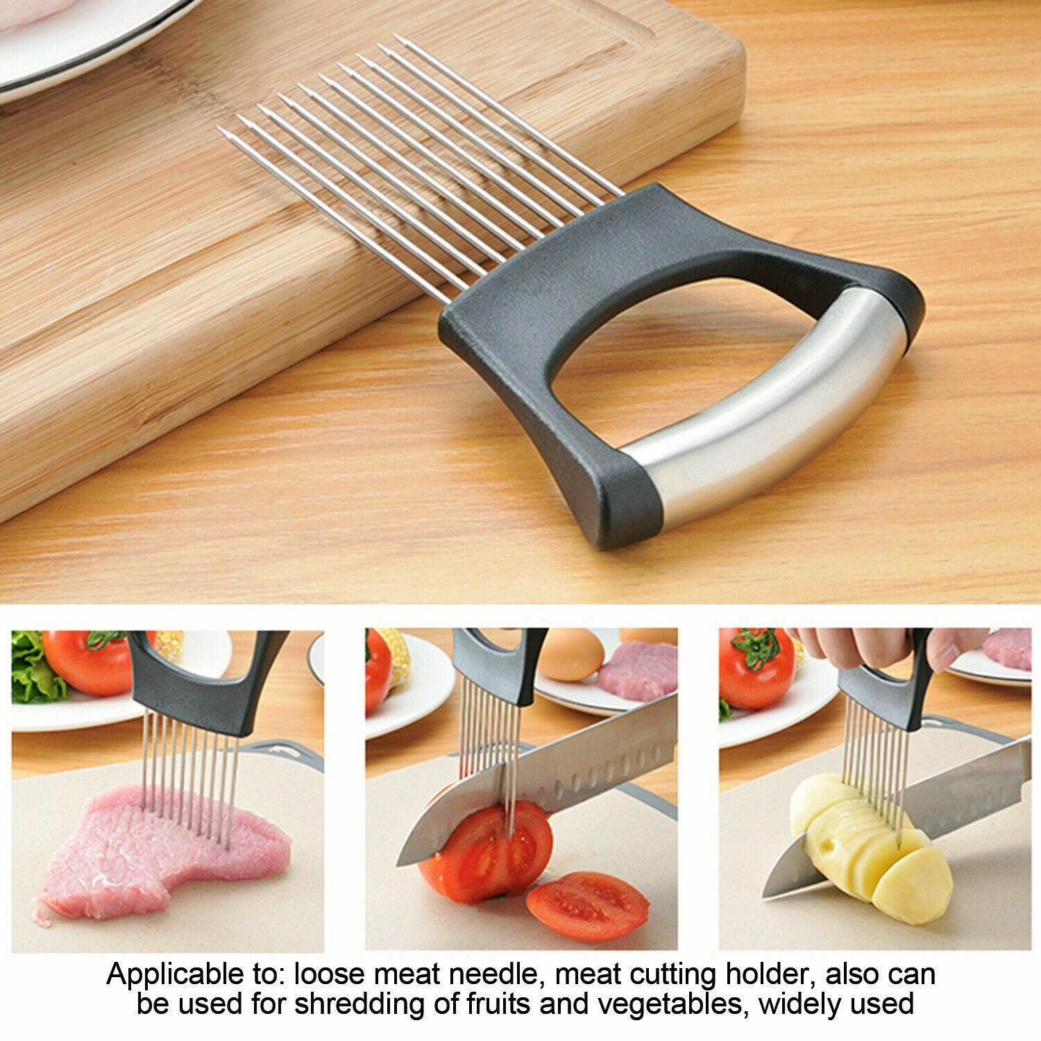 Food Slice Assistant - Stainless Steel Onion Holder Slicer Tomato Cutter NonSlip - Nioor