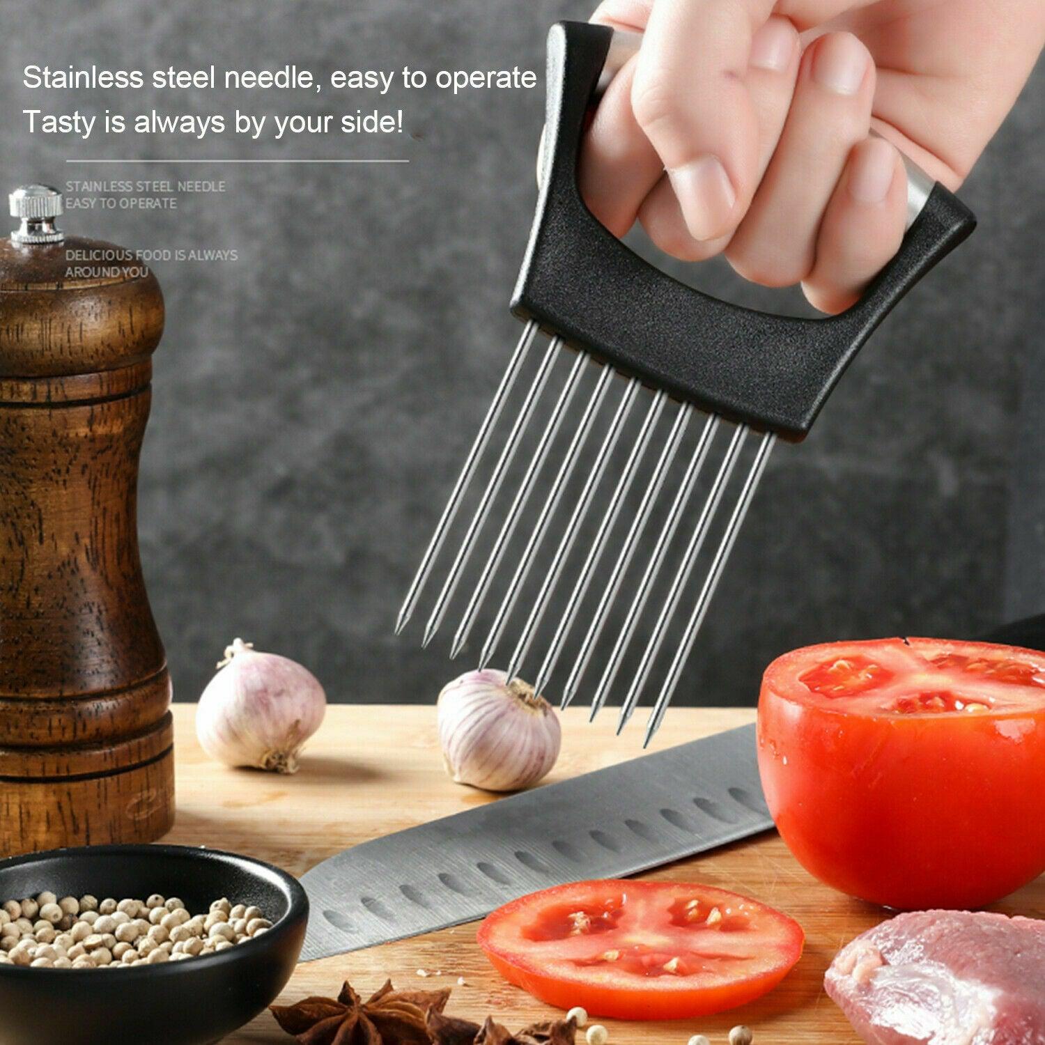 Food Slice Assistant - Stainless Steel Onion Holder Slicer Tomato Cutter NonSlip - Nioor