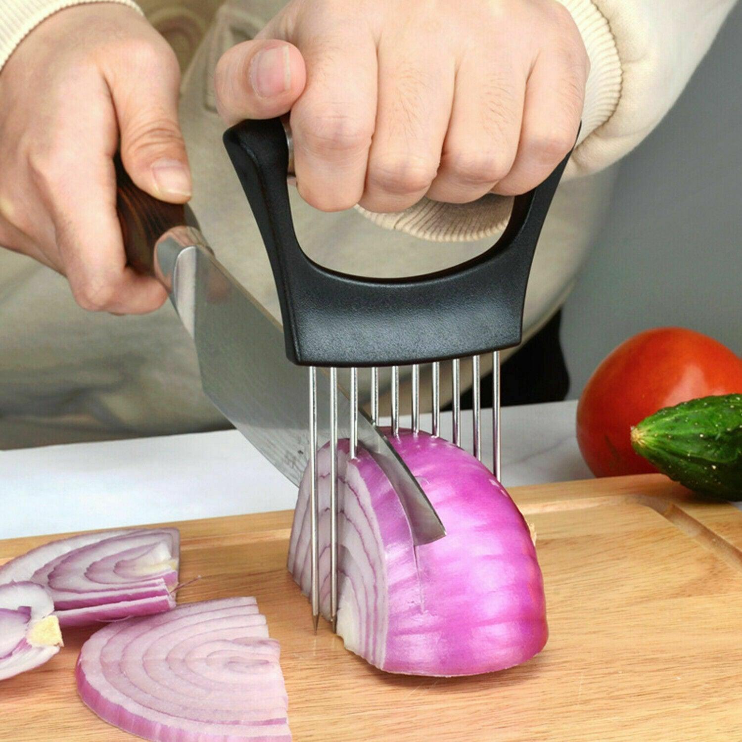 Food Slice Assistant - Stainless Steel Onion Holder Slicer Tomato Cutter NonSlip - Nioor