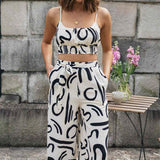 For European And American Women's Clothing New Printed Sleeveless Strap Short Top Long Wide-leg Pants - Nioor