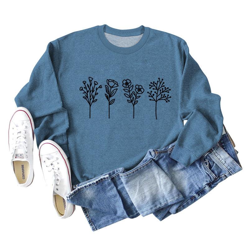 Four Flowers Printed Casual Long Sleeve Sweatshirt - Nioor