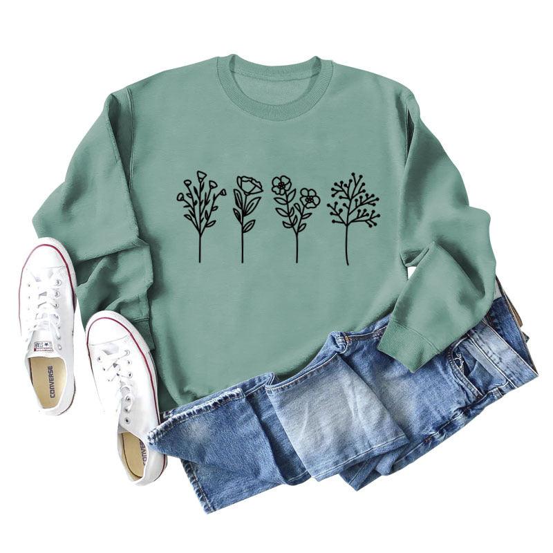 Four Flowers Printed Casual Long Sleeve Sweatshirt - Nioor