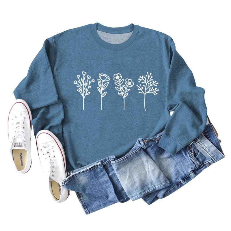 Four Flowers Printed Casual Long Sleeve Sweatshirt - Nioor