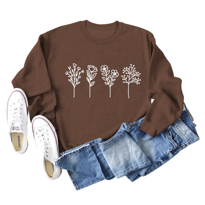 Four Flowers Printed Casual Long Sleeve Sweatshirt - Nioor