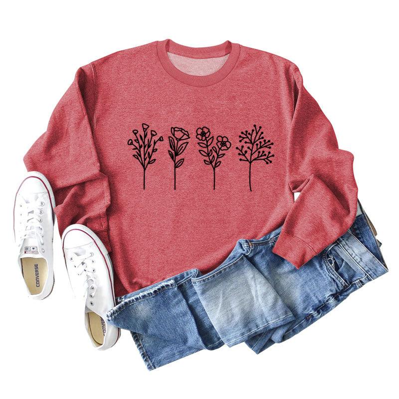 Four Flowers Printed Casual Long Sleeve Sweatshirt - Nioor