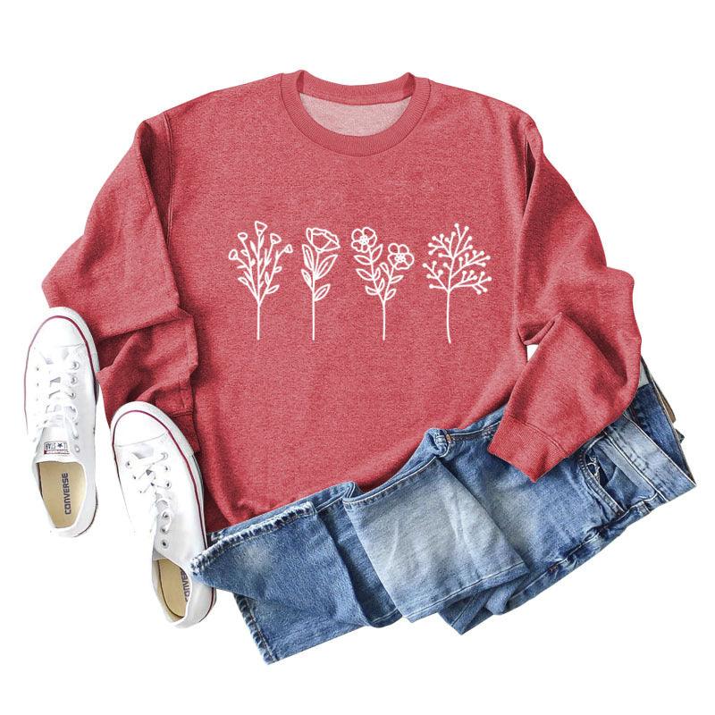 Four Flowers Printed Casual Long Sleeve Sweatshirt - Nioor