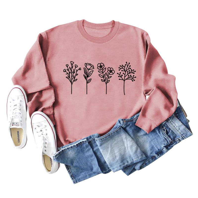 Four Flowers Printed Casual Long Sleeve Sweatshirt - Nioor