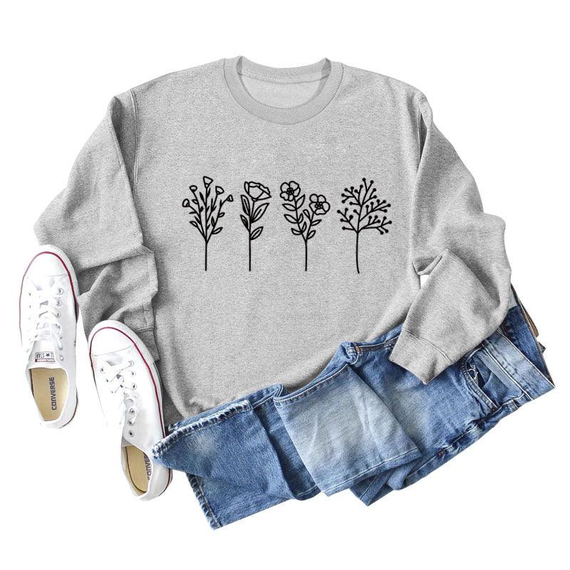 Four Flowers Printed Casual Long Sleeve Sweatshirt - Nioor