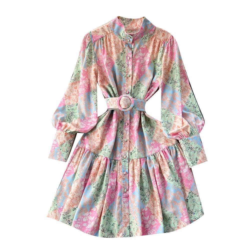 French Retro Printed Pleated Waist Tight Puff Sleeve Midi Dress - Nioor