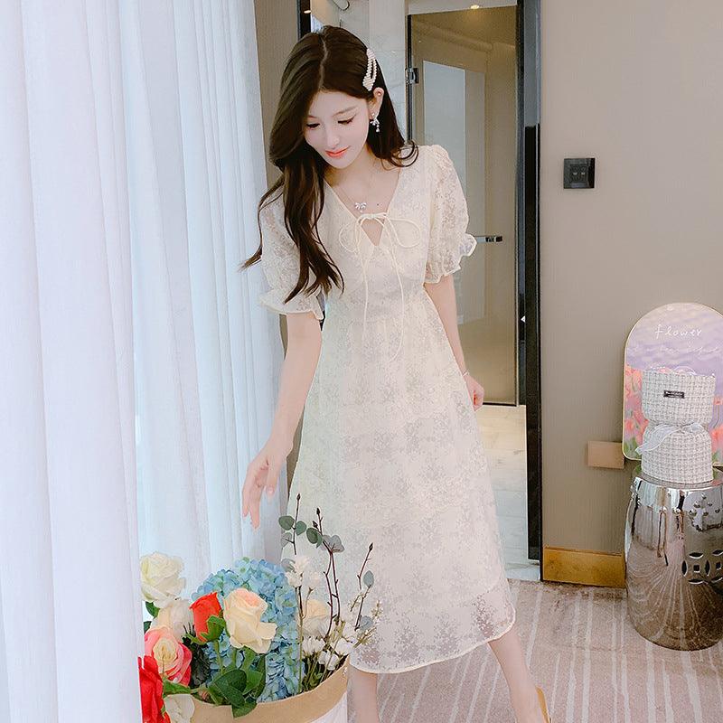 French Retro Women Summer New Lace V-neck Dress - Nioor