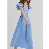 French Square Neck Ruffled Dress With Waistband - Nioor