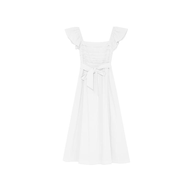 French Square Neck Ruffled Dress With Waistband - Nioor