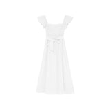 French Square Neck Ruffled Dress With Waistband - Nioor