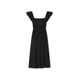 French Square Neck Ruffled Dress With Waistband - Nioor