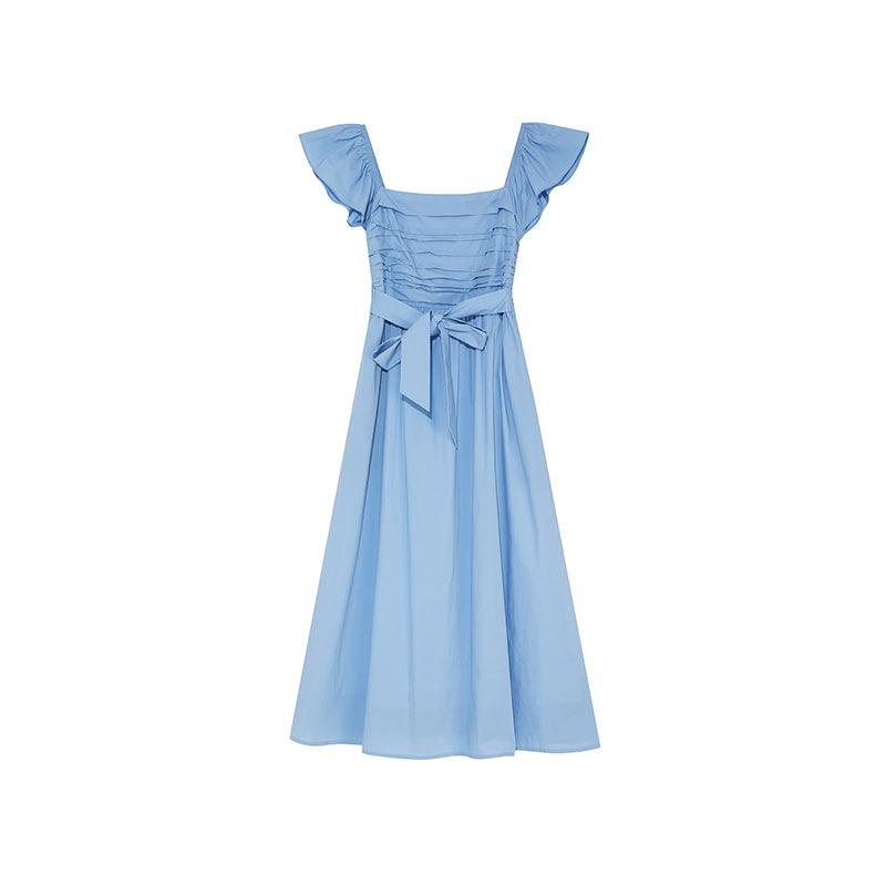 French Square Neck Ruffled Dress With Waistband - Nioor