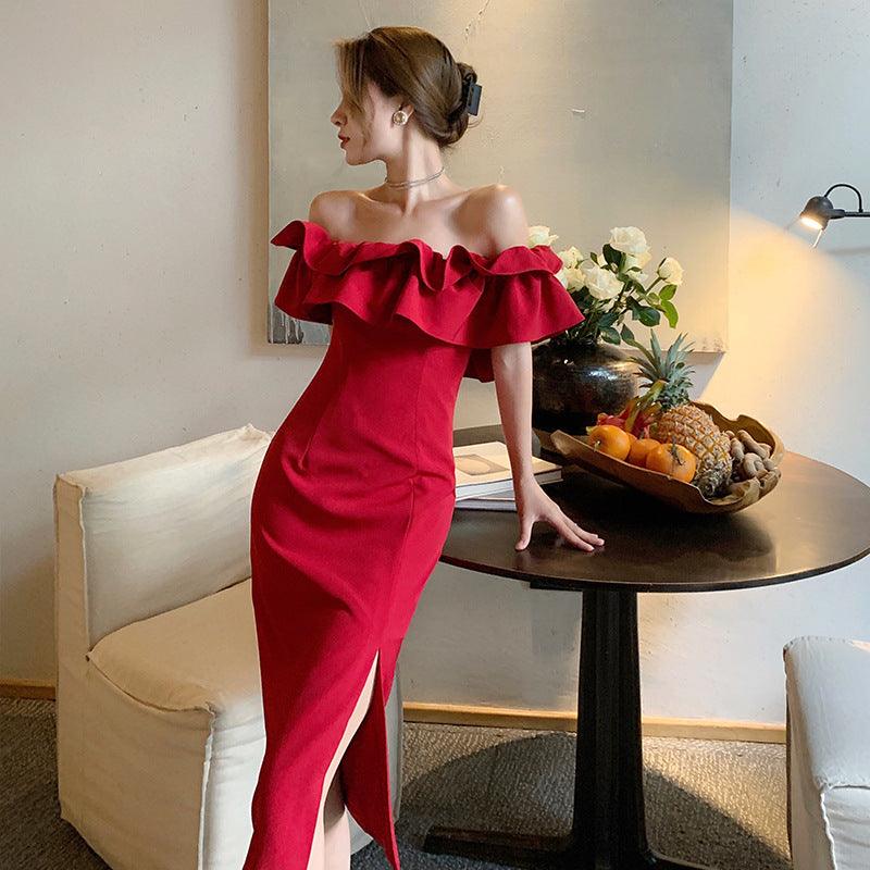 French Style Retro Waist-controlled Red Dress Gentle Slim Fit - Nioor