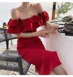 French Style Retro Waist-controlled Red Dress Gentle Slim Fit - Nioor