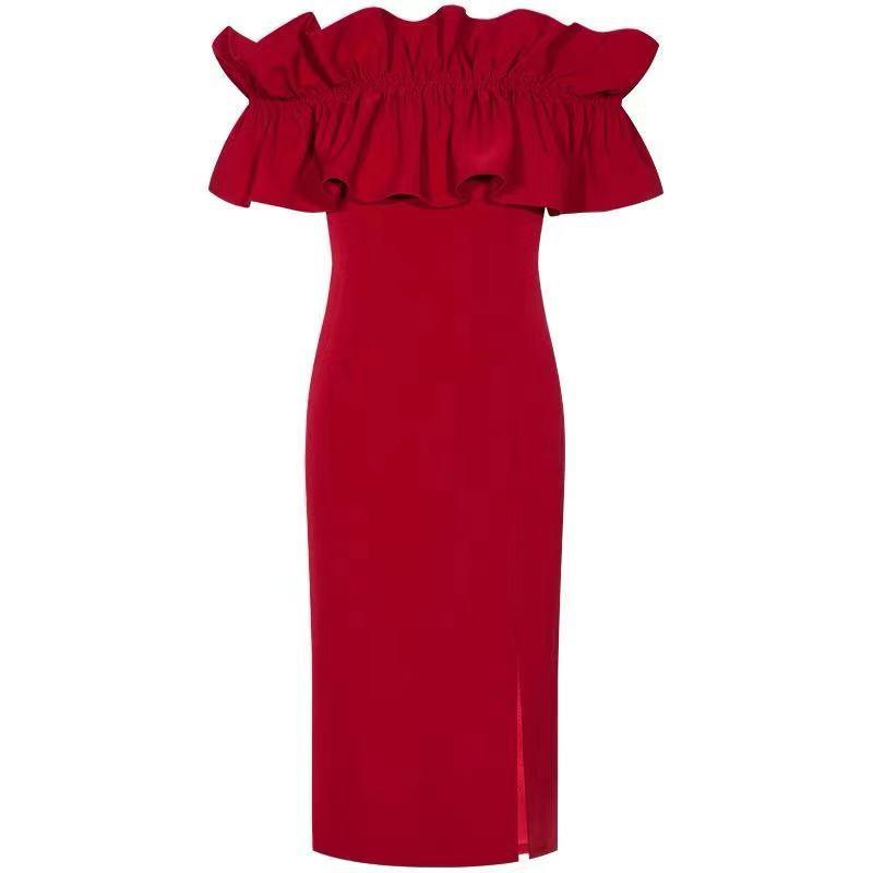 French Style Retro Waist-controlled Red Dress Gentle Slim Fit - Nioor