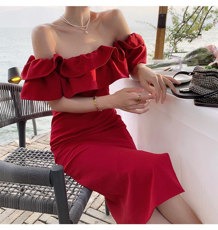 French Style Retro Waist-controlled Red Dress Gentle Slim Fit - Nioor