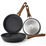 Frying Pan Set 3-Piece Nonstick Saucepan Woks Cookware Set,Heat-Resistant Ergonomic Wood Effect Bakelite Handle Design,PFOA Free - Nioor