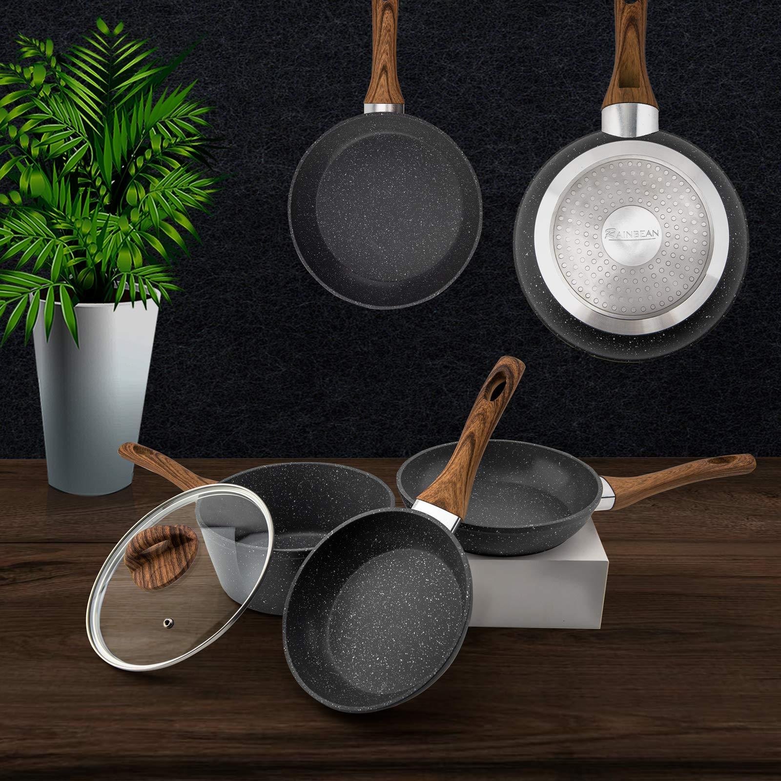 Frying Pan Set 3-Piece Nonstick Saucepan Woks Cookware Set,Heat-Resistant Ergonomic Wood Effect Bakelite Handle Design,PFOA Free - Nioor