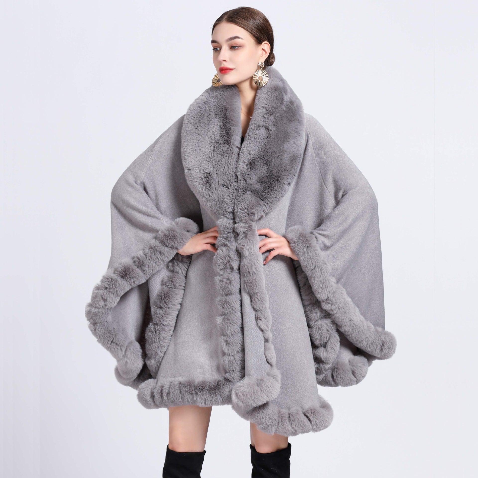 Fur Collar Shawl Cape Knitted Cardigan Baggy Coat - Nioor