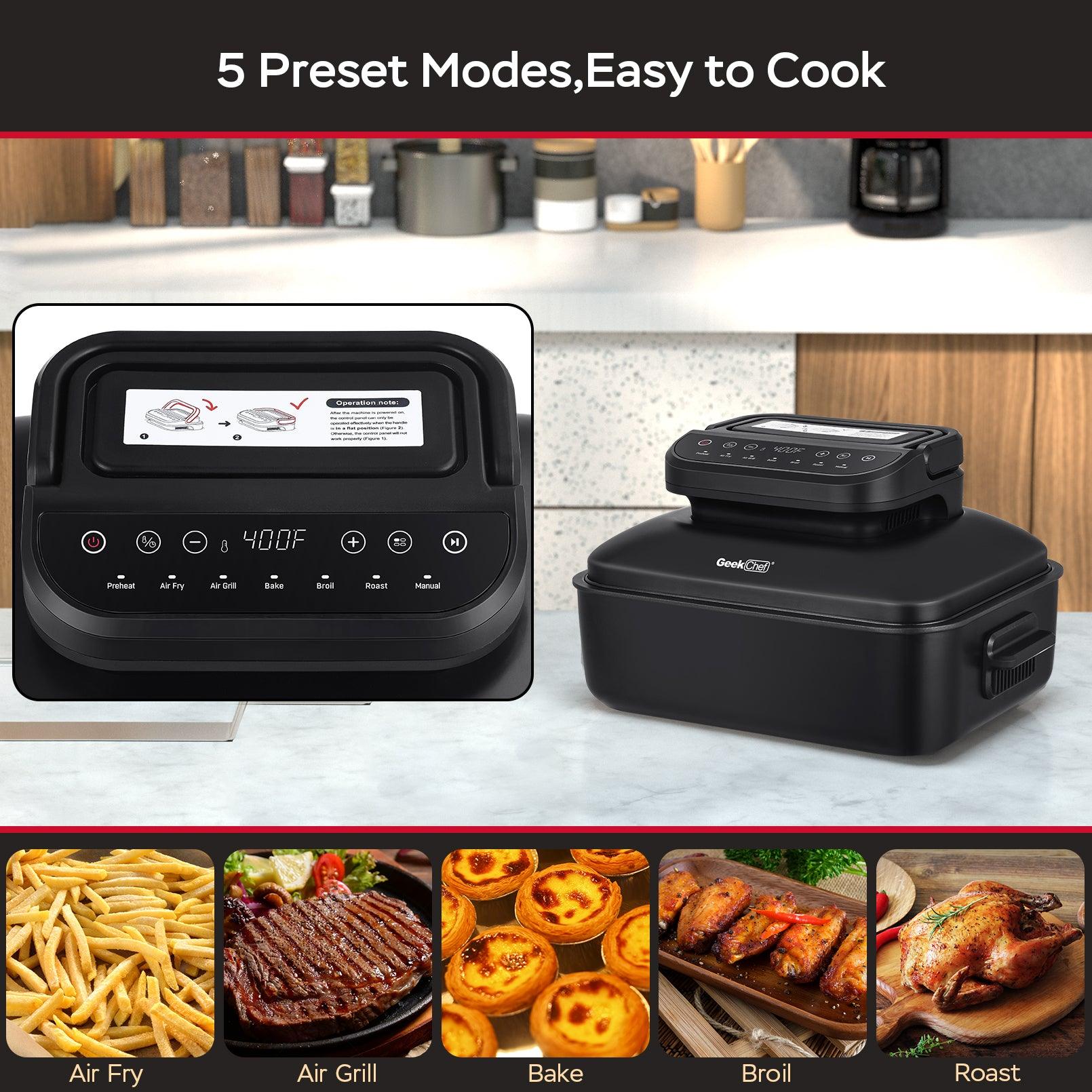 Geek Chef 7 In1 Smokeless Electric Indoor Grill With Air Fry, Roast, Bake, Portable 2 In 1 Indoor Tabletop Grill & Griddle With Preset Function, Removable Non-Stick Plate, Air Fryer Basket, Ban Amazon - Nioor