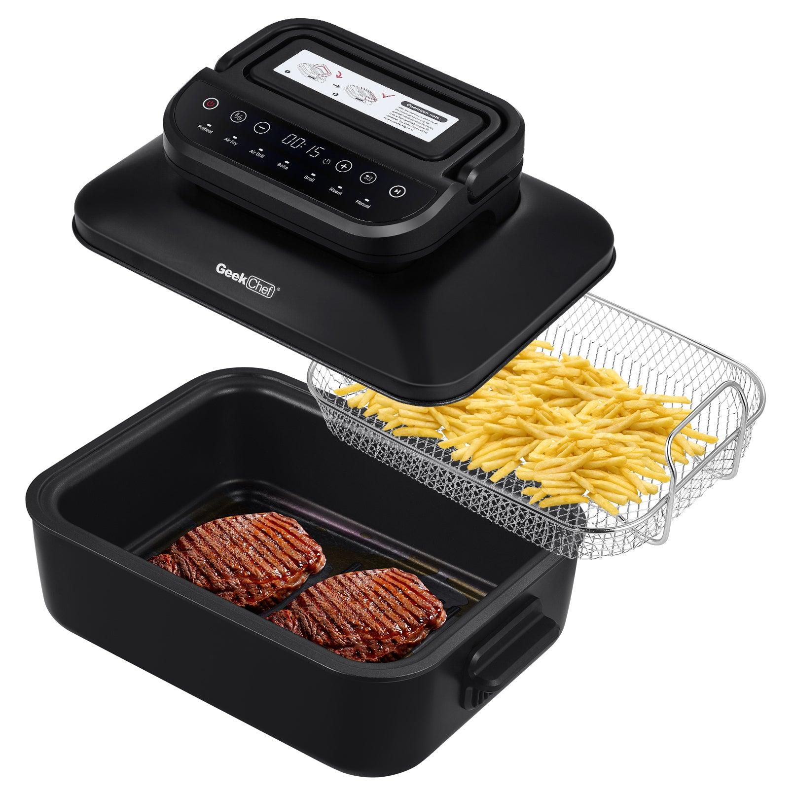 Geek Chef 7 In1 Smokeless Electric Indoor Grill With Air Fry, Roast, Bake, Portable 2 In 1 Indoor Tabletop Grill & Griddle With Preset Function, Removable Non-Stick Plate, Air Fryer Basket, Ban Amazon - Nioor