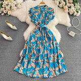 Gentle Stand-up Collar Cinched Slimming Printed A- Line Large Hem Dress - Nioor