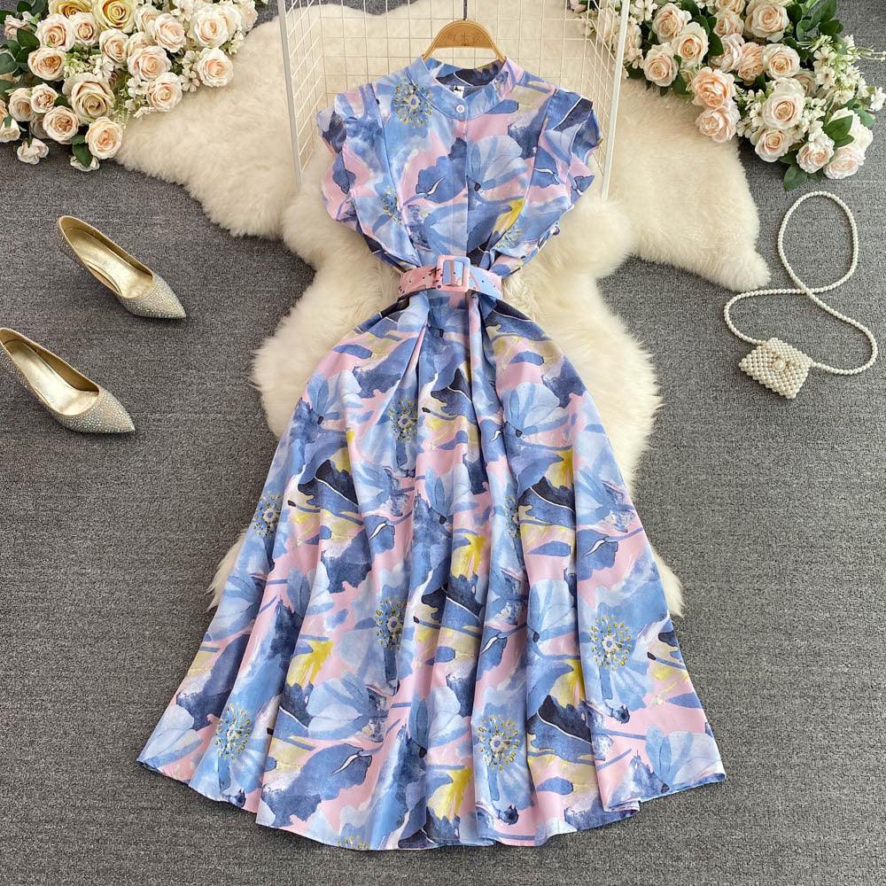 Gentle Stand-up Collar Cinched Slimming Printed A- Line Large Hem Dress - Nioor