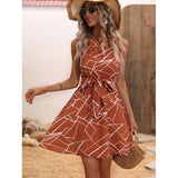 Geo Print Notched Neck Belted Dress - Nioor