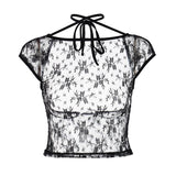 Girl Style Sexy Lace Backless Halter Midriff-baring Top Slim T-shirt Women's Clothing - Nioor