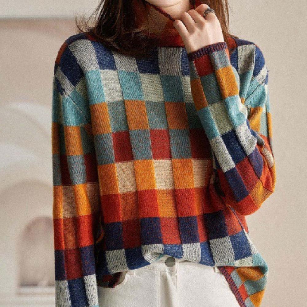 Gorgeous Colorful Chessboard Plaid Sweater Turtleneck Comfortable - Nioor