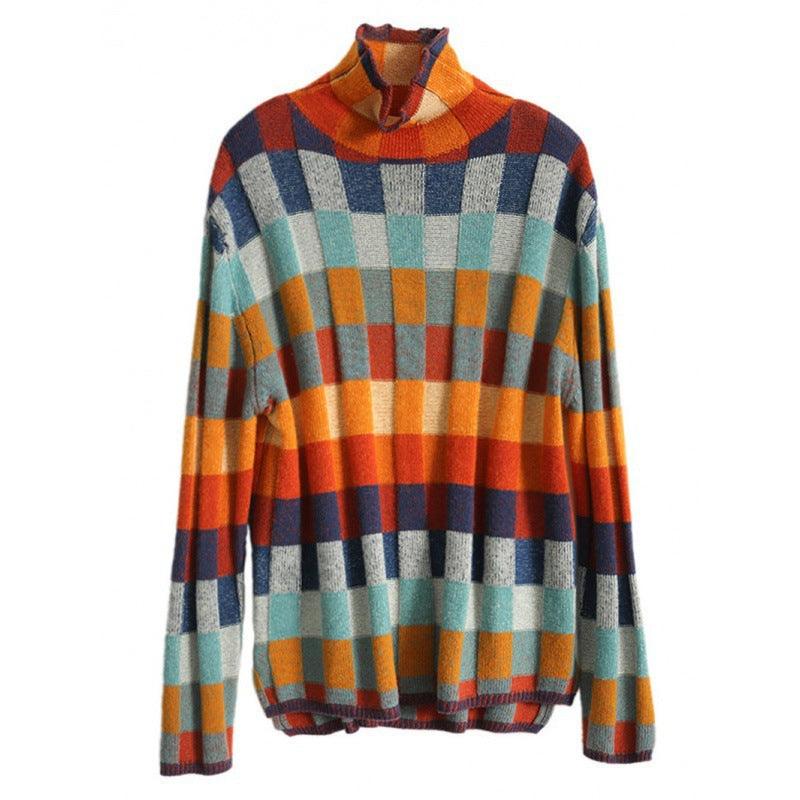 Gorgeous Colorful Chessboard Plaid Sweater Turtleneck Comfortable - Nioor